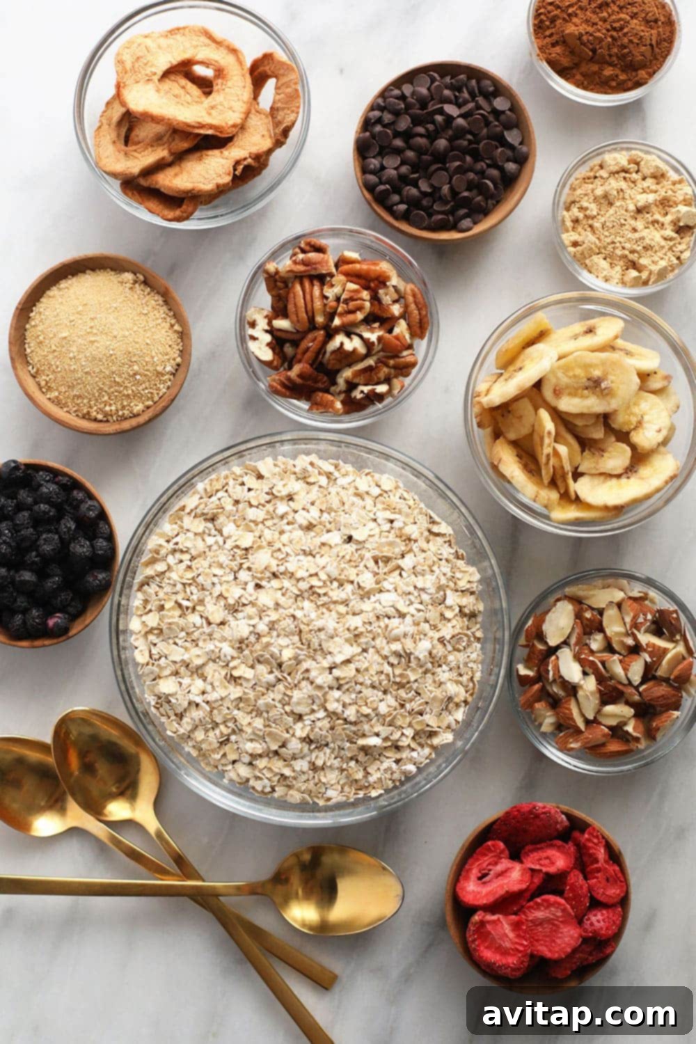 Instant Oatmeal - Ingredients for 4 Ways Various instant oatmeal ingredients and toppings arranged around a bowl, ready to be mixed for delicious oatmeal creations.
