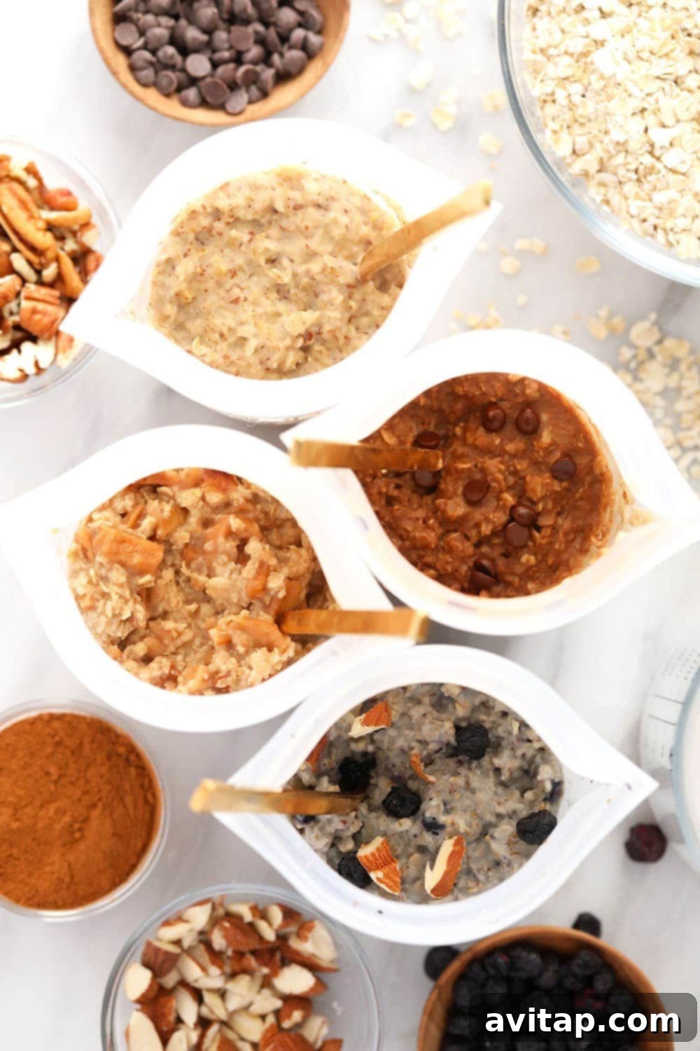 Instant Oatmeal - A Delightful Breakfast in 4 Ways Four bowls of instant oatmeal with various toppings, prepared and ready to be enjoyed, emphasizing ease and variety.