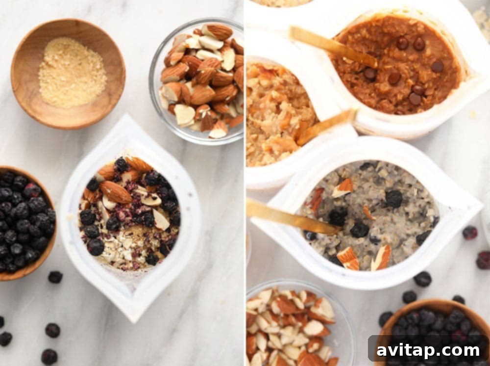 Blueberry Muffin Instant Oatmeal Bowls of blueberry muffin instant oatmeal, garnished with fresh blueberries, ready to be devoured.