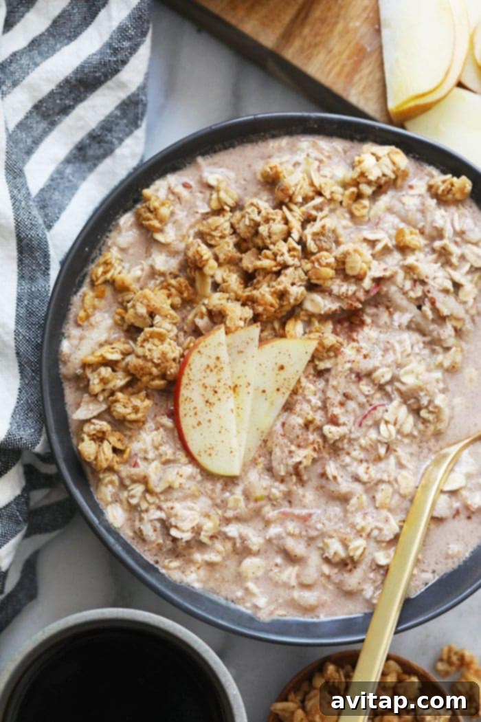 Garnished Apple Cinnamon Overnight Oats: A Perfect Breakfast Apple cinnamon overnight oats in a bowl topped with fresh apple slices and a sprinkle of cinnamon.
