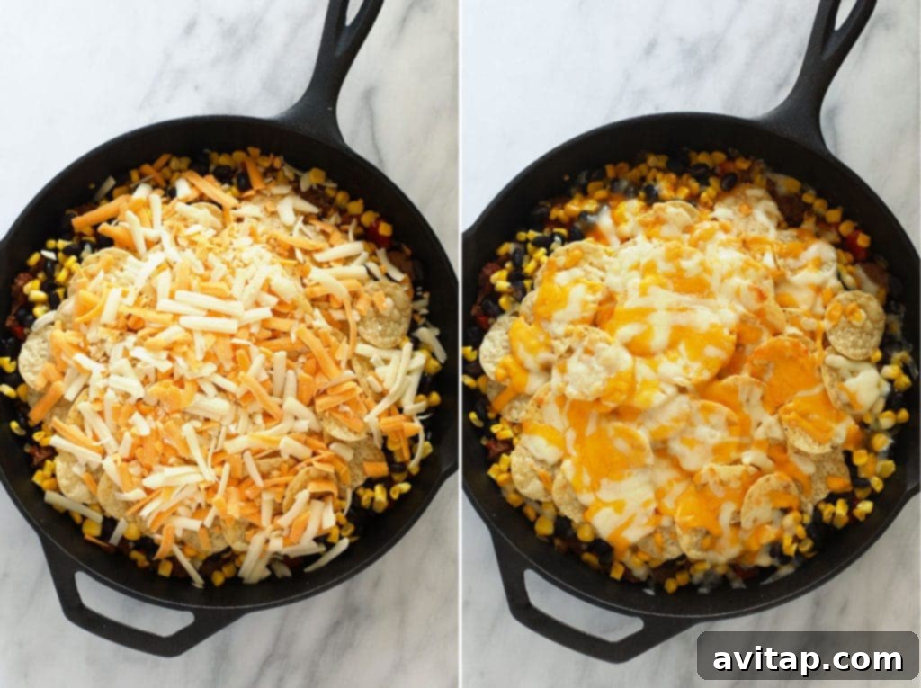 Easy taco casserole with a before and after baking view showing melted cheese