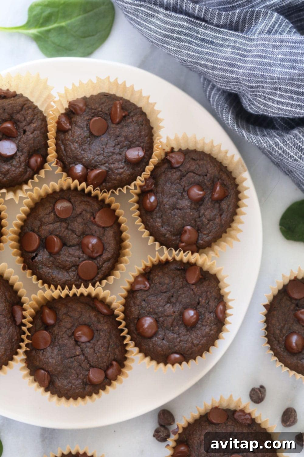 Sneaky Spinach Chocolate Chip Muffins: A healthy, delicious whole grain treat you can't resist! Sneaky Spinach Chocolate Chip Muffins on a plate, showcasing their dense, chocolatey, and whole grain texture.