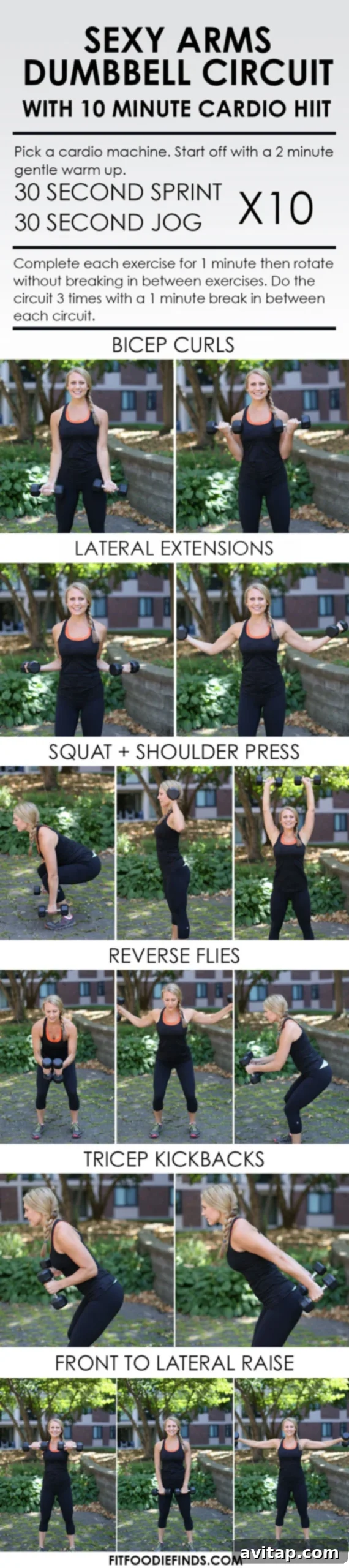 Woman performing a sexy arms dumbbell circuit workout