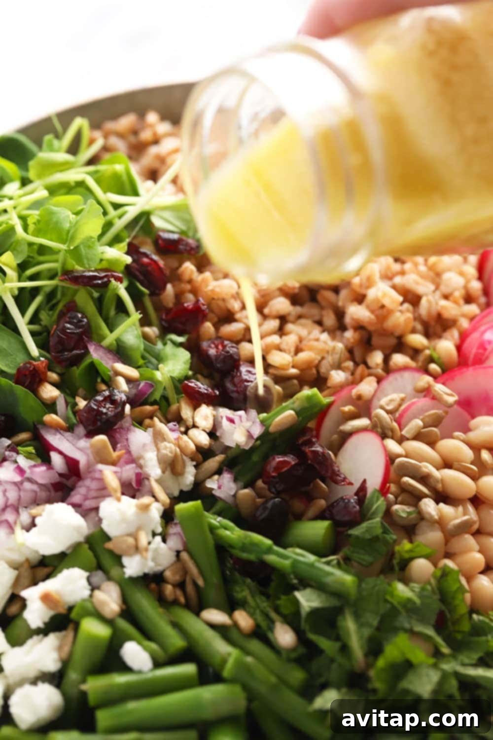 A serving of farro salad being drizzled with lemon vinaigrette from a glass cruet.