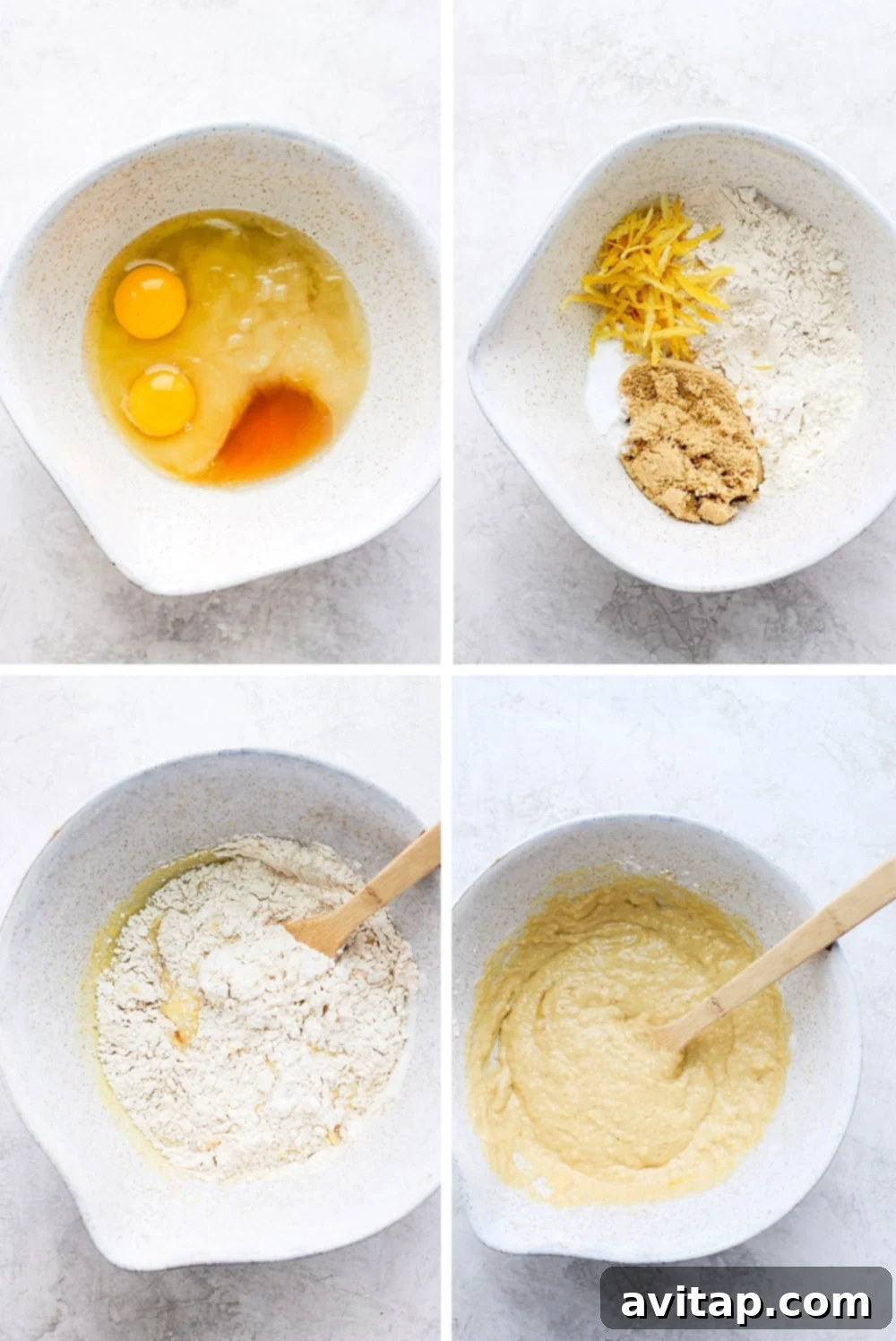 Various bowls filled with lemon bread ingredients before mixing, showcasing the baking process.