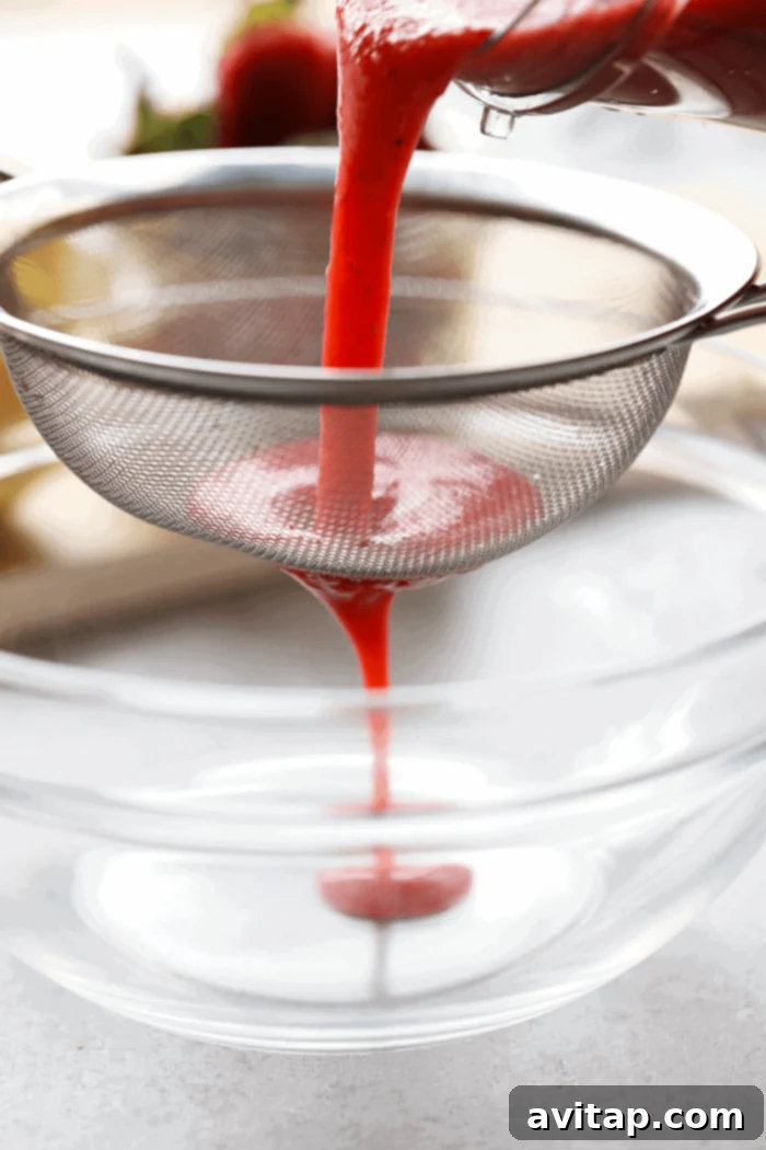 This Strawberry Vodka Lemonade is made with fresh strawberry puree, fresh squeezed lemons and a honey simple syrup, plus vodka, of course! Get ready for your new favorite homemade cocktail. Fresh strawberry puree being meticulously strained through a sieve to ensure a smooth, seedless consistency.