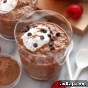 Mocha Oats Ready to Enjoy A delightful glass of Quick Mocha Overnight Oats, topped with a generous sprinkle of mini chocolate chips, signifying it's ready for a delicious and quick serving.