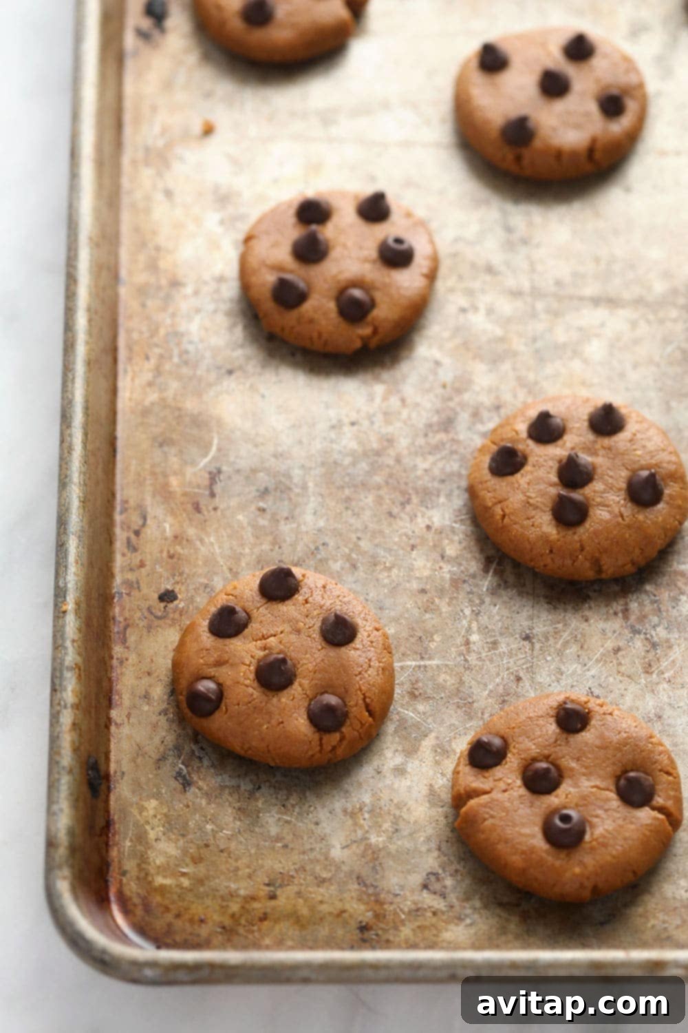 Freshly baked protein cookies cooling on a baking pan