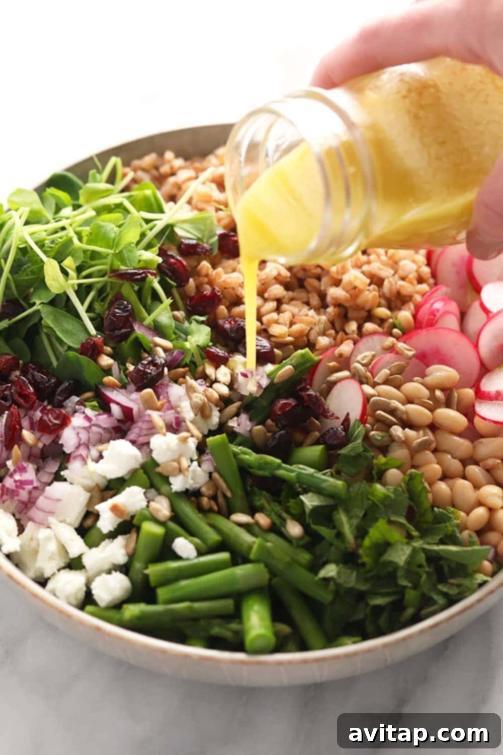 Homemade lemon vinaigrette dressing being drizzled over a vibrant fresh salad in a bowl, showcasing its appetizing appeal.
