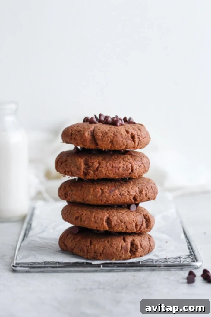 Stacked chocolate peanut butter protein cookies with chocolate chips and sea salt, showcasing their delicious texture and a perfect golden-brown finish.