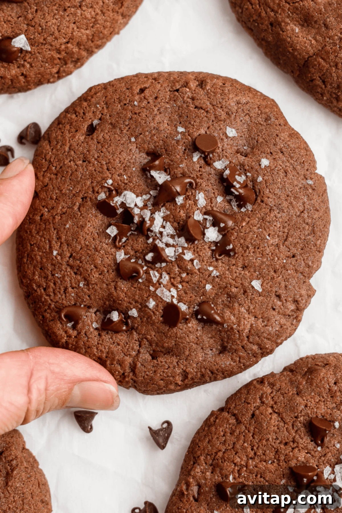 A hand holds a large, freshly baked chocolate protein cookie, sprinkled with flaky sea salt and studded with chocolate chips, against a clean white background.