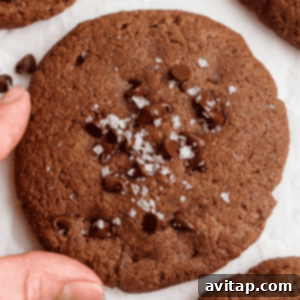 A hand holding a chocolate peanut butter protein cookie garnished with sea salt and chocolate chips.