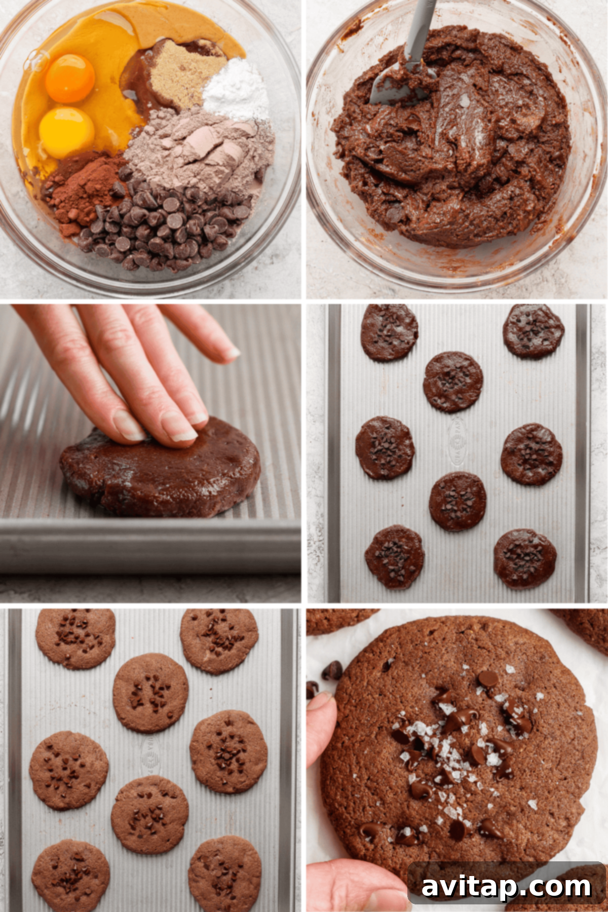 A visual guide to making chocolate peanut butter protein cookies, showing ingredients, mixing the dough, shaping cookies, unbaked cookies on a tray, freshly baked cookies, and a close-up of a finished cookie being held.
