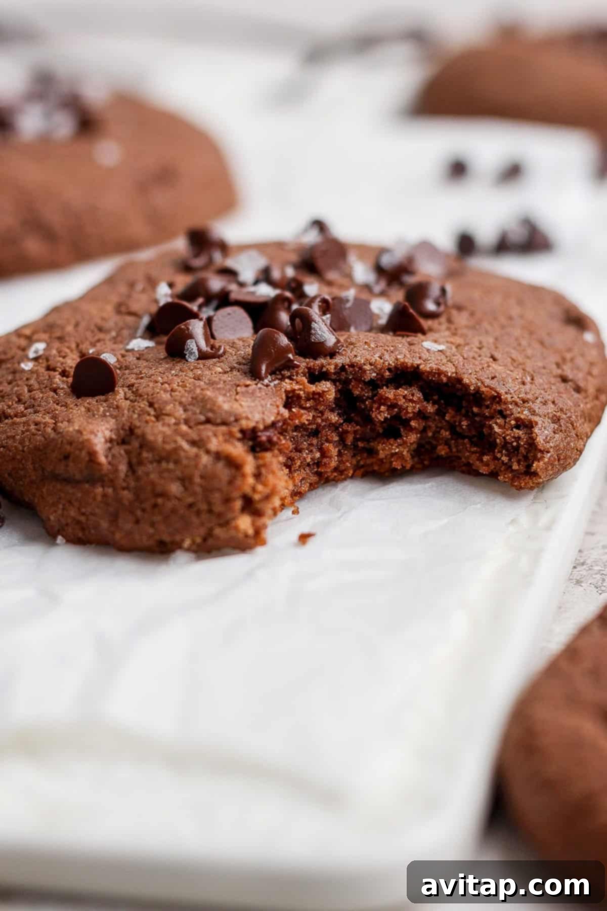 Close-up of a perfectly baked chocolate protein cookie with a bite taken out, adorned with melted chocolate chips and a sprinkle of sea salt, resting on parchment paper.