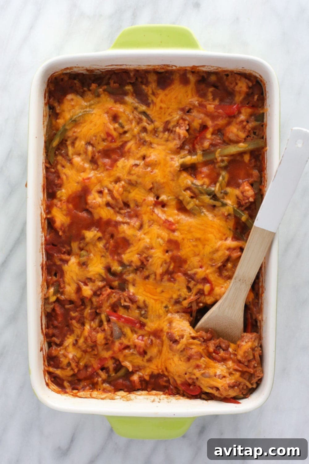 Baked Chicken Burrito Bowl Casserole in a dish, ready to be served