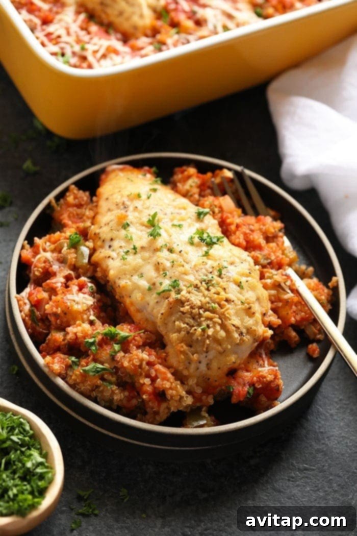 The Secret to Fluffy Quinoa 5 A bubbling, cheesy Chicken Parmesan Quinoa Casserole, fresh from the oven.