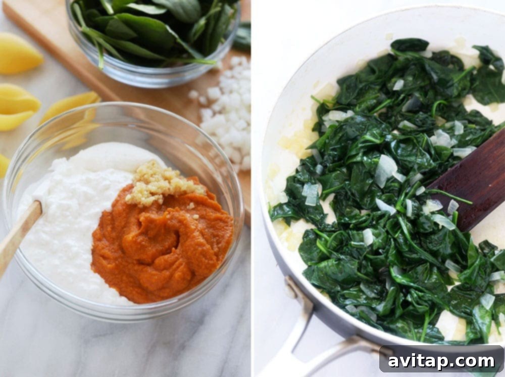 Close-up of the rich and creamy sweet potato, spinach, and ricotta filling, ready to be stuffed into pasta shells.