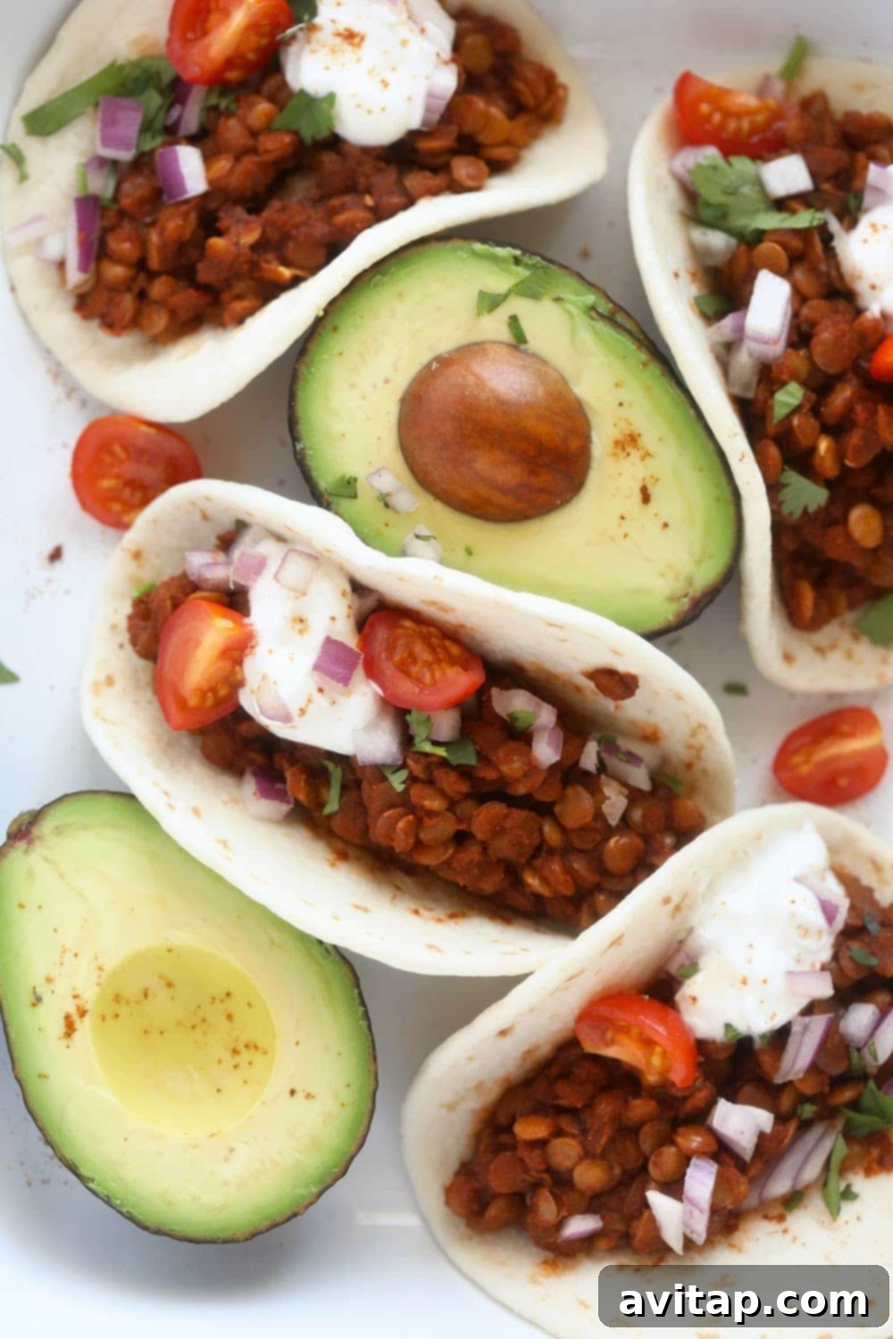 Instant Pot Lentil Tacos arranged beautifully on a platter, ready to serve.