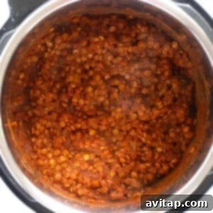 Lentil taco meat cooked in an instant pot, perfectly textured.