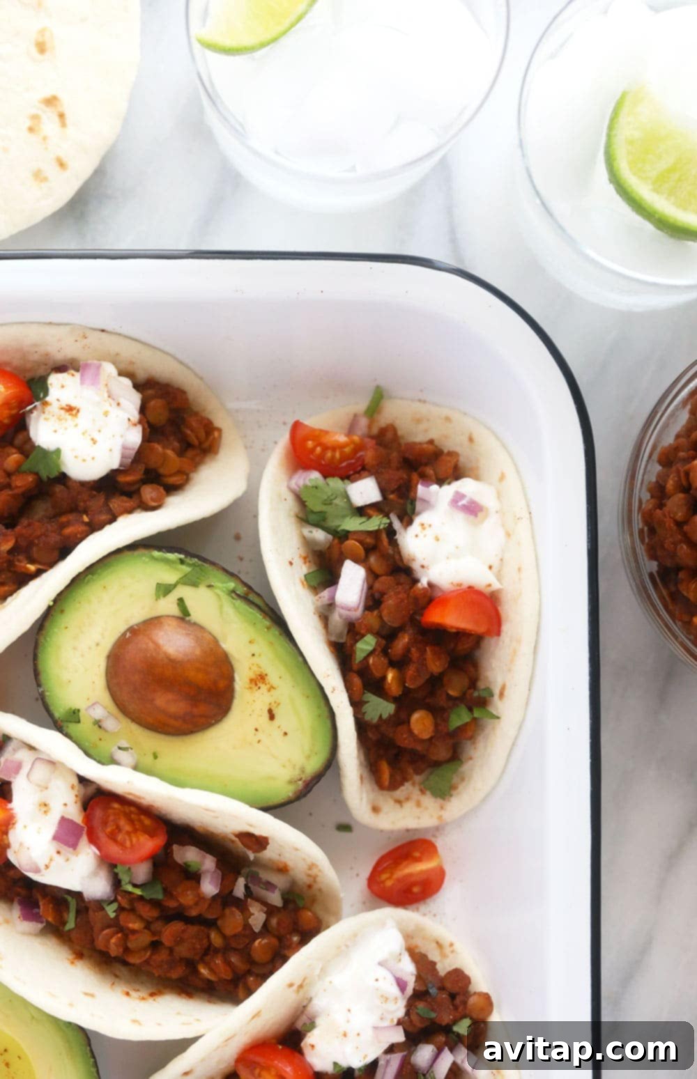 Close-up of Instant Pot Lentil Tacos filling in a bowl, showcasing its rich texture and color.