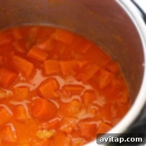 A delicious instant pot soup with sweet potato, carrot, and ginger, cooked and ready for blending.