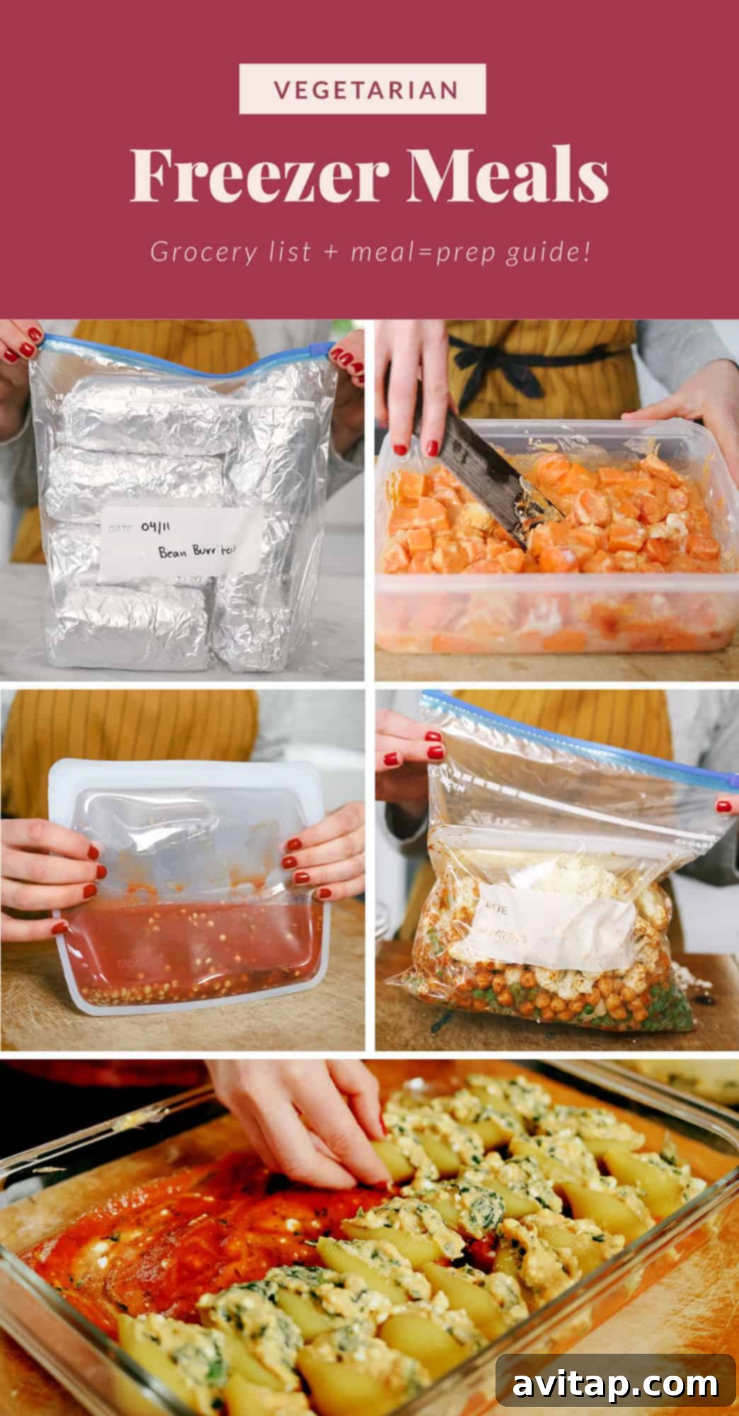 How to make vegetarian freezer meals, showcasing various ingredients and tools for efficient meal preparation.