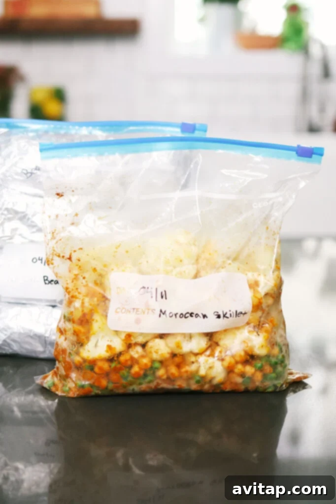 Two freezer bags filled with prepped vegetarian meals, ready for storage.