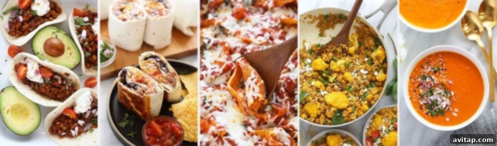 A collage of five different vegetarian freezer meals, showcasing the variety available.
