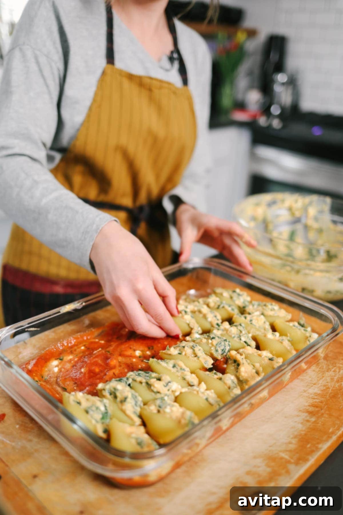 Sweet Potato, Spinach, and Ricotta Stuffed Shells ready for freezing.