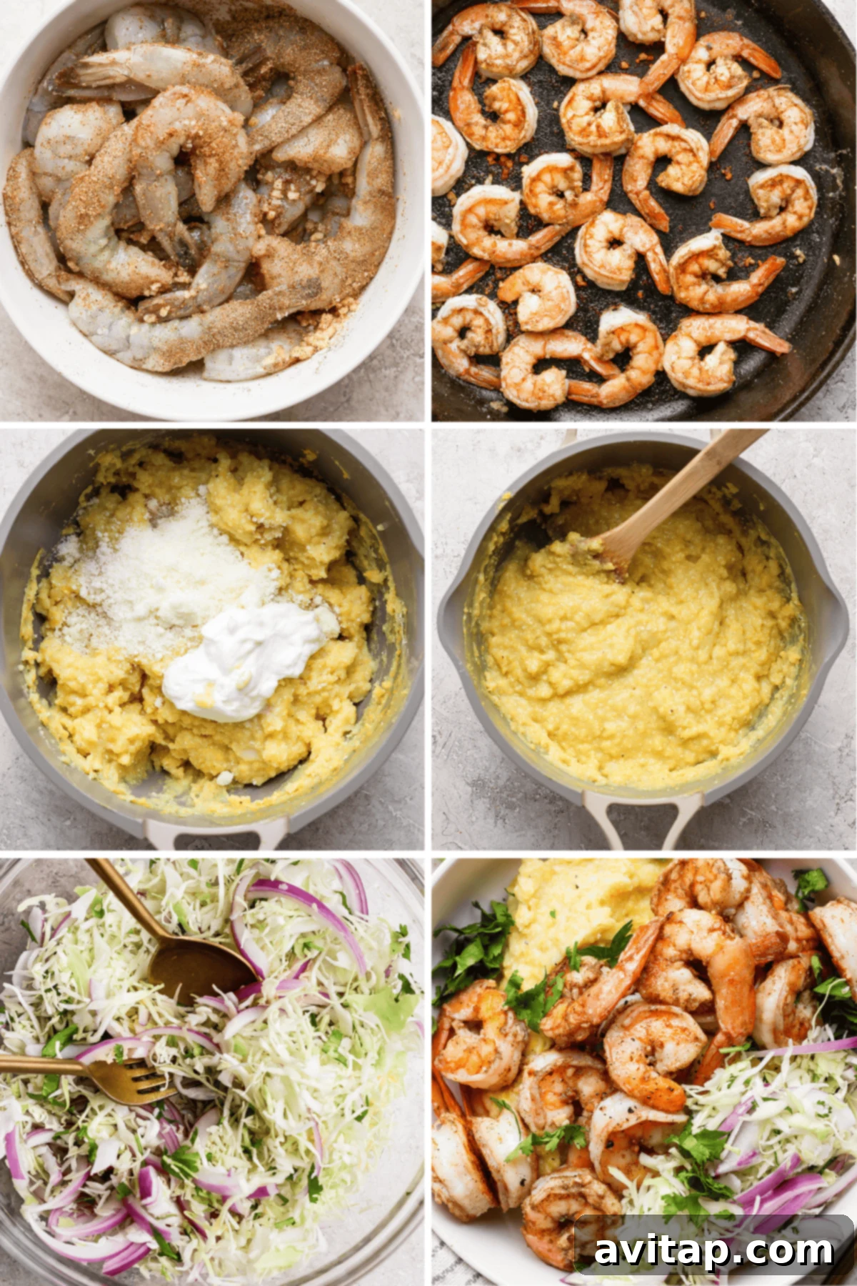 Six images showcasing the creation of Cajun Shrimp and Grits with cabbage salad: raw shrimp, seasoned Cajun cooked shrimp, grits preparation with ingredients, mixed grits, salad ingredients, and a plated dish starring the flavorful shrimp.