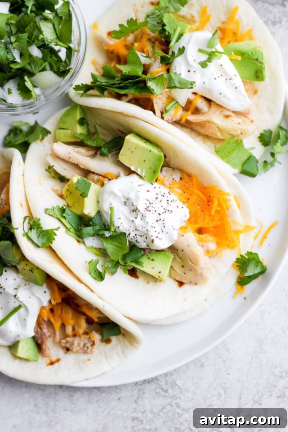 A plate of perfectly arranged shredded chicken tacos, showcasing their delicious fillings and inviting presentation