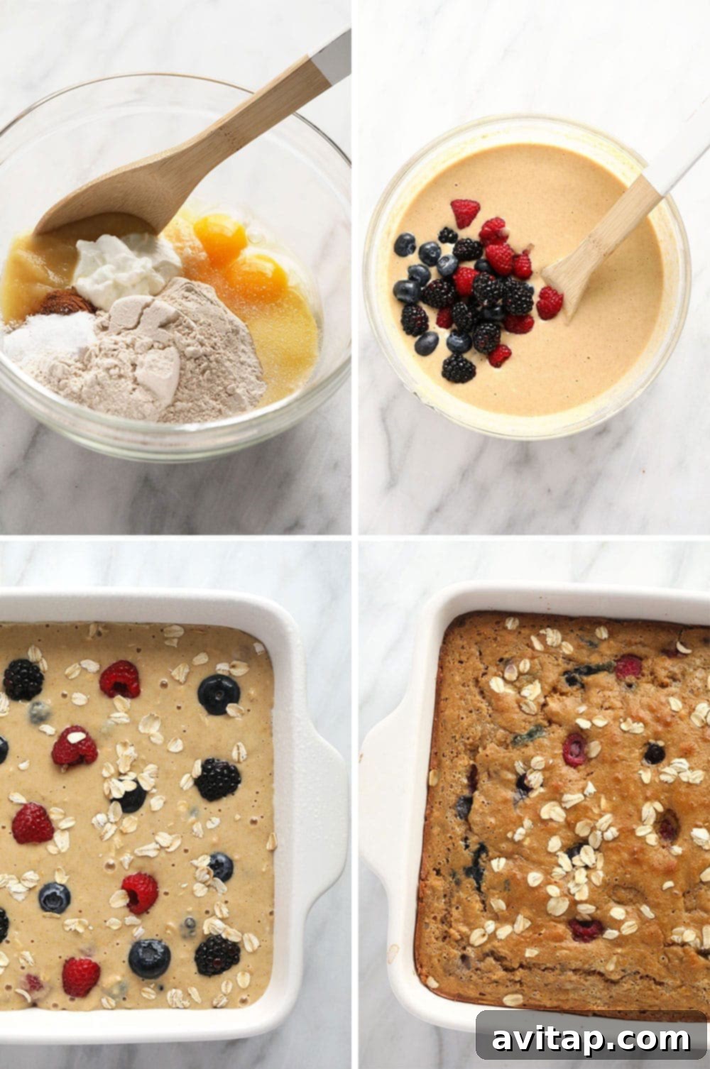 Step-by-Step Baking Process for Triple Berry Breakfast Bread A visual step-by-step guide showing the process of mixing ingredients and baking Triple Berry Breakfast Bread.