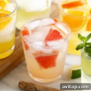 Grapefruit hard seltzers with limes, mint, and garnishes in stylish glasses.