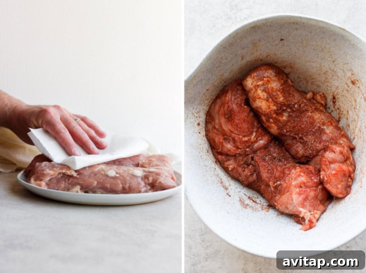 Close-up of a perfectly coated pork tenderloin with a delicious dry rub, ready for marination.