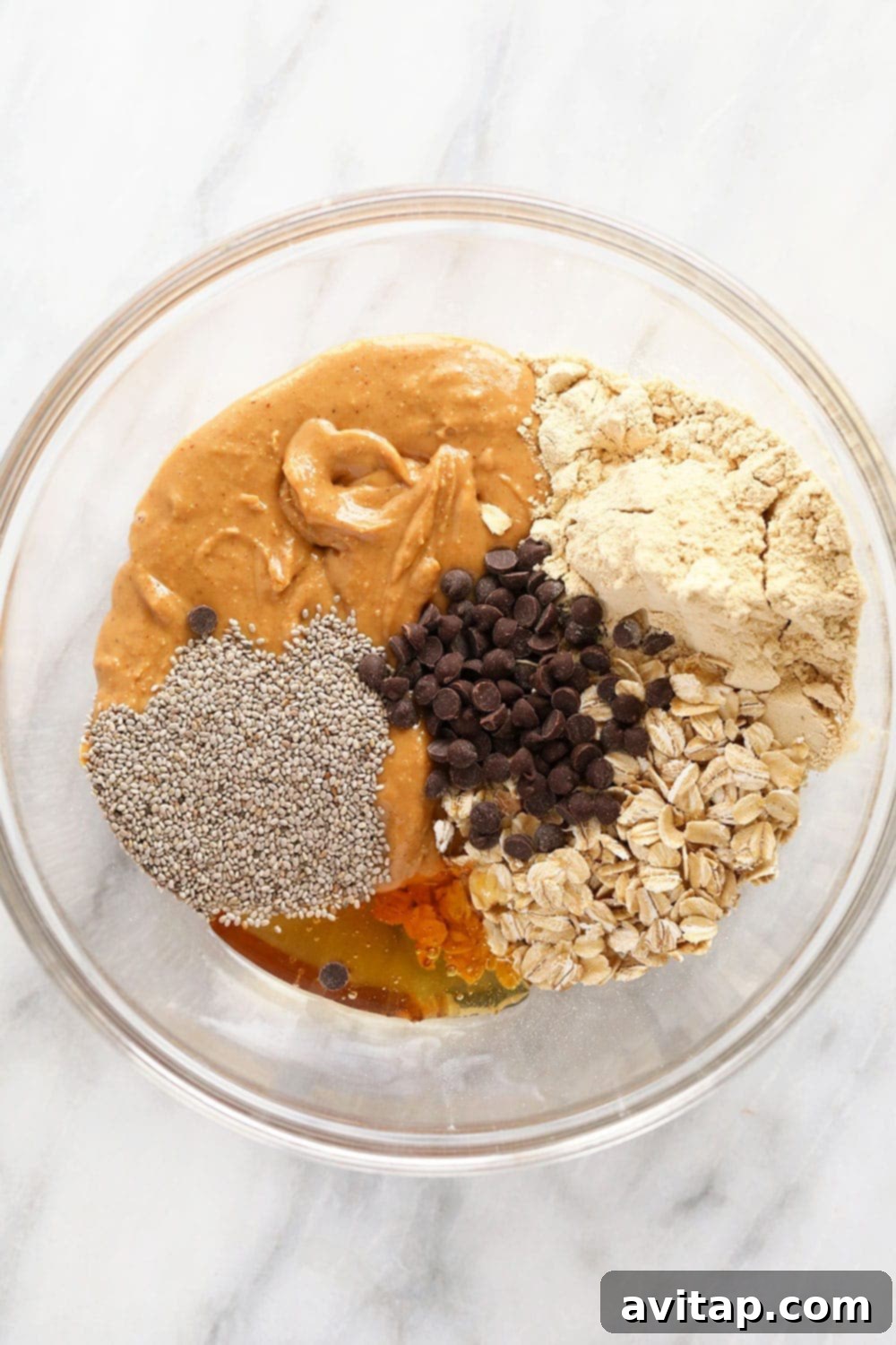 All the fresh ingredients laid out for making peanut butter protein balls.