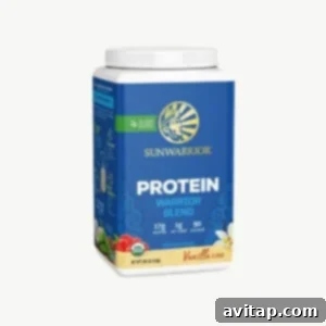A container of mixed plant protein powder.