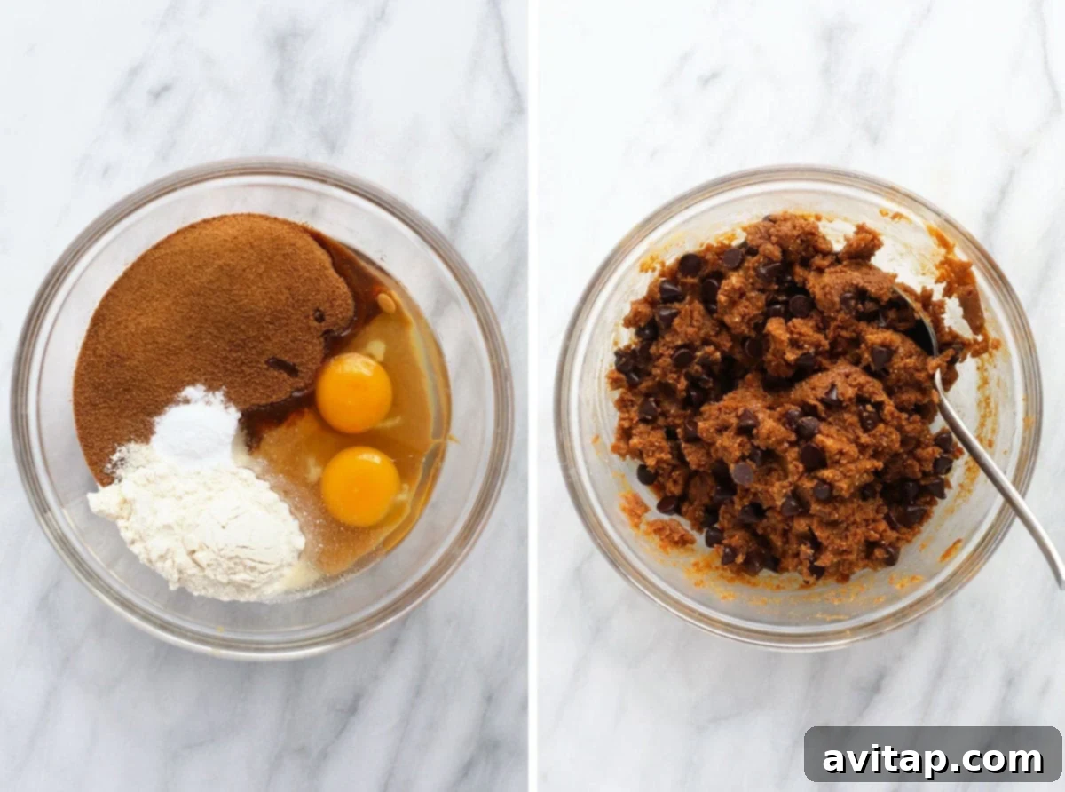 Stages of making a healthy peanut butter skillet cookie: unmixed batter showcasing whole ingredients and then perfectly blended, ready for baking.
