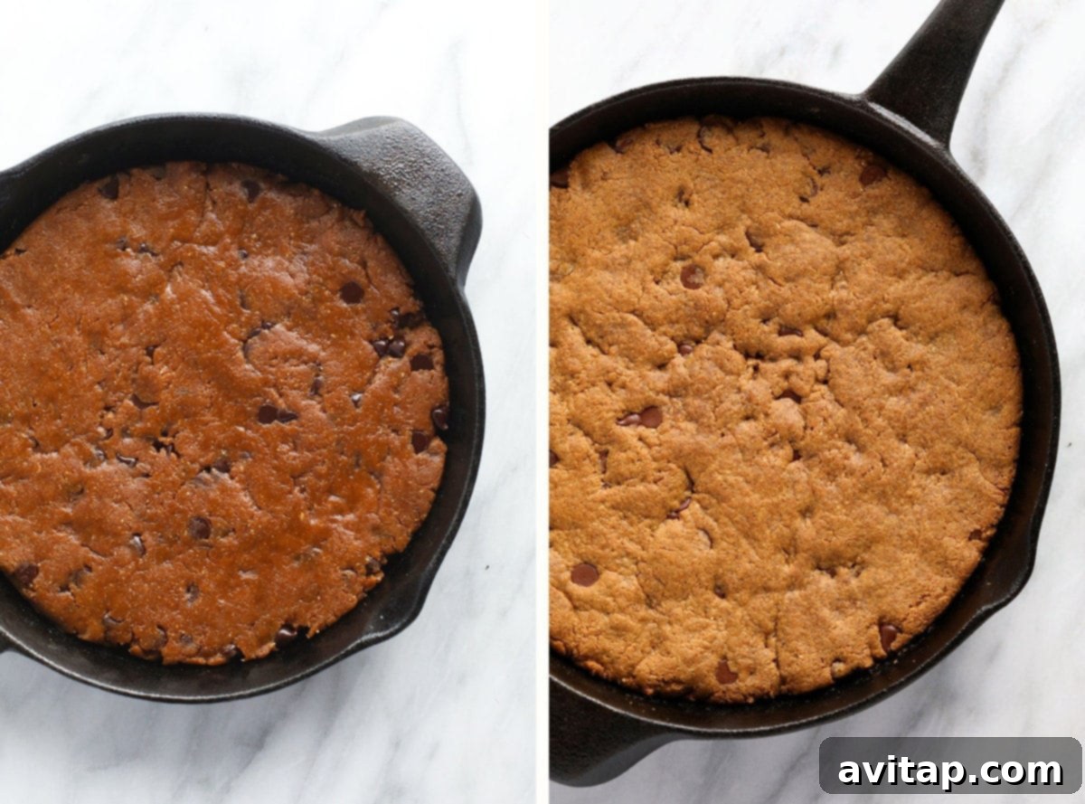 Before and after baking comparison of the flourless peanut butter skillet cookie in a cast iron pan, showing the transformation from raw dough to golden-brown perfection.