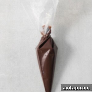 Melted chocolate mixture neatly contained within a piping bag, placed on a concrete surface, ready for the piping process.