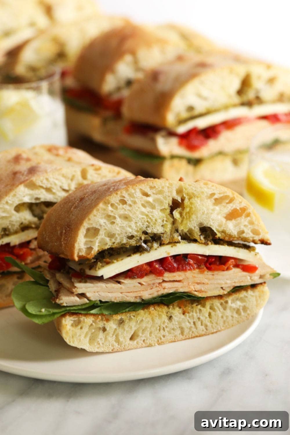 Plated turkey pesto sandwich portion with roasted red peppers and spinach, ready to eat