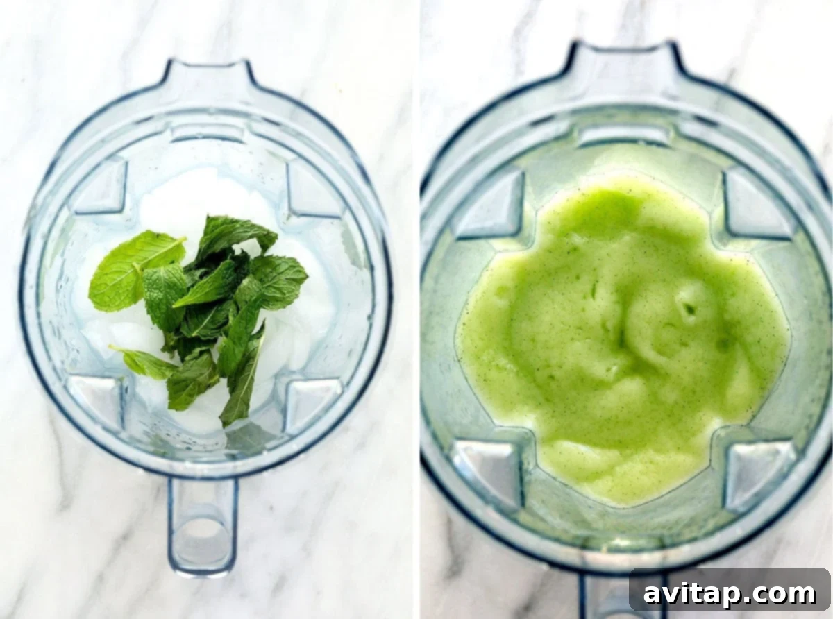 Two images side-by-side. On the left, frozen mojito ingredients in a blender before blending. On the right, the smoothly blended vibrant green mojito mixture.