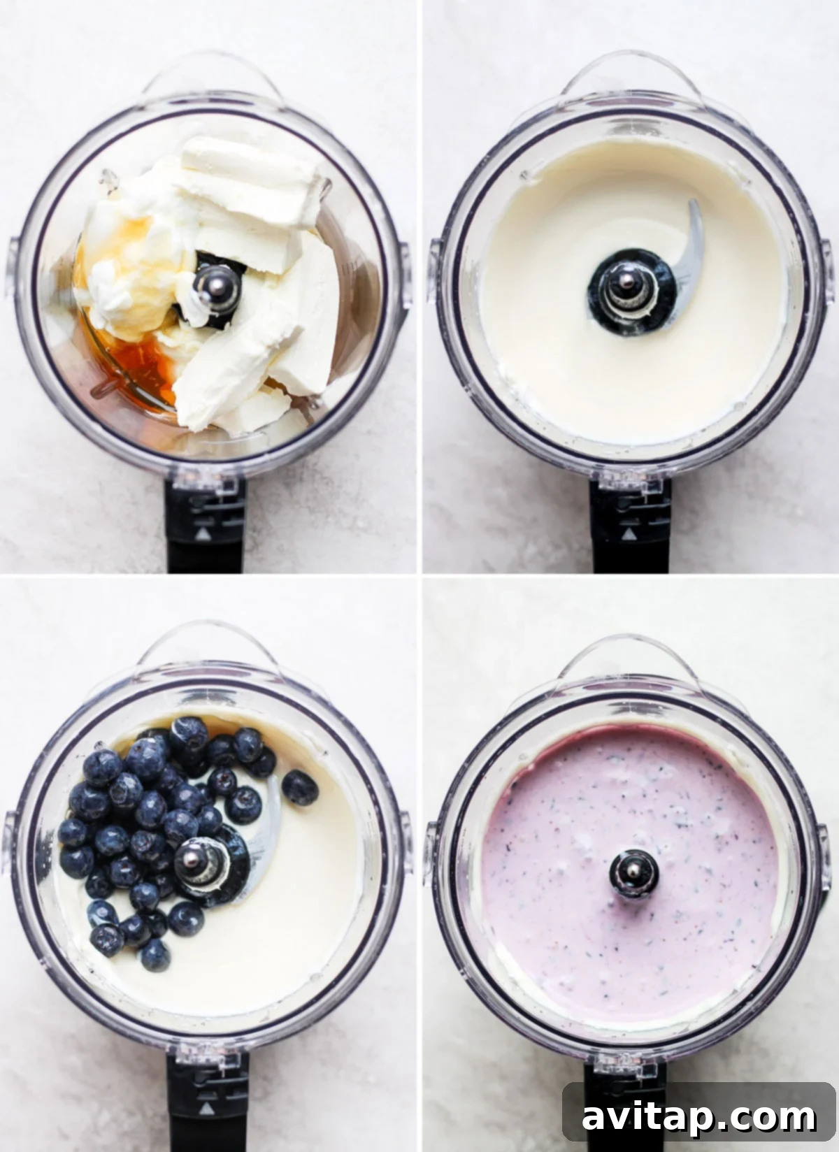 The creamy blueberry cheesecake filling, bursting with fresh flavor, is the star of these delightful bars. Vibrant blueberry cheesecake filling inside a food processor, ready for final blending and pouring onto the crust.