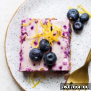 A single blueberry cheesecake bar on a white plate, ready to be served.
