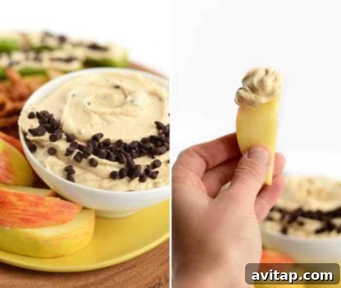 Peanut butter Greek yogurt dip spread on a sliced apple