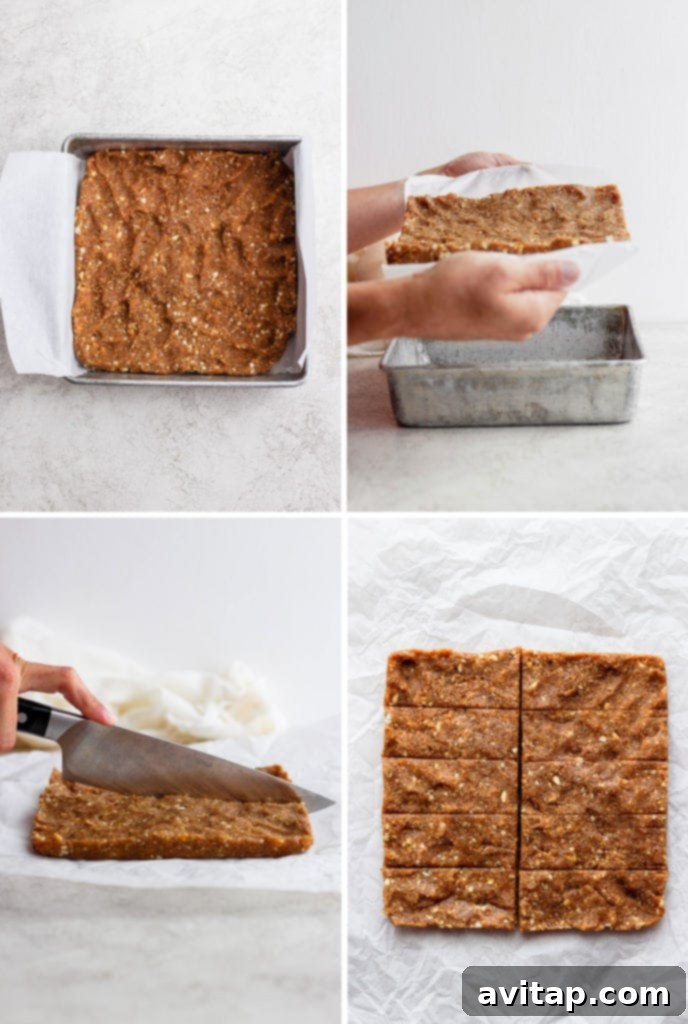 Making and Slicing Homemade Larabar Copycats A step-by-step series of photos showing the process of pressing the cashew date dough into a pan and then slicing the finished bars.