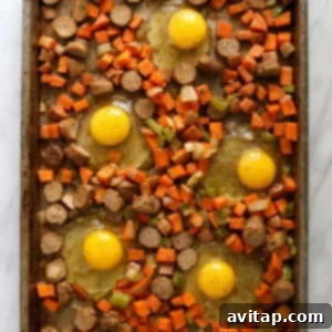 eggs and veggies on baking sheet.