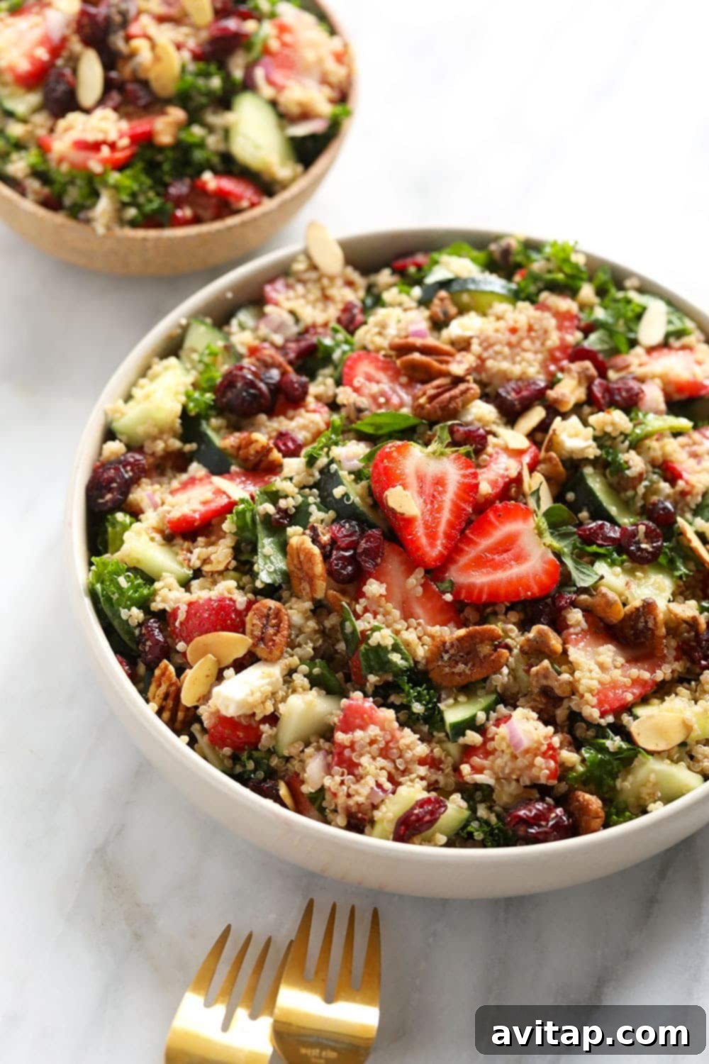 Vibrant Strawberry Quinoa Salad 5 An aerial shot of the fully assembled Strawberry Quinoa Salad with dressing, ready to serve.