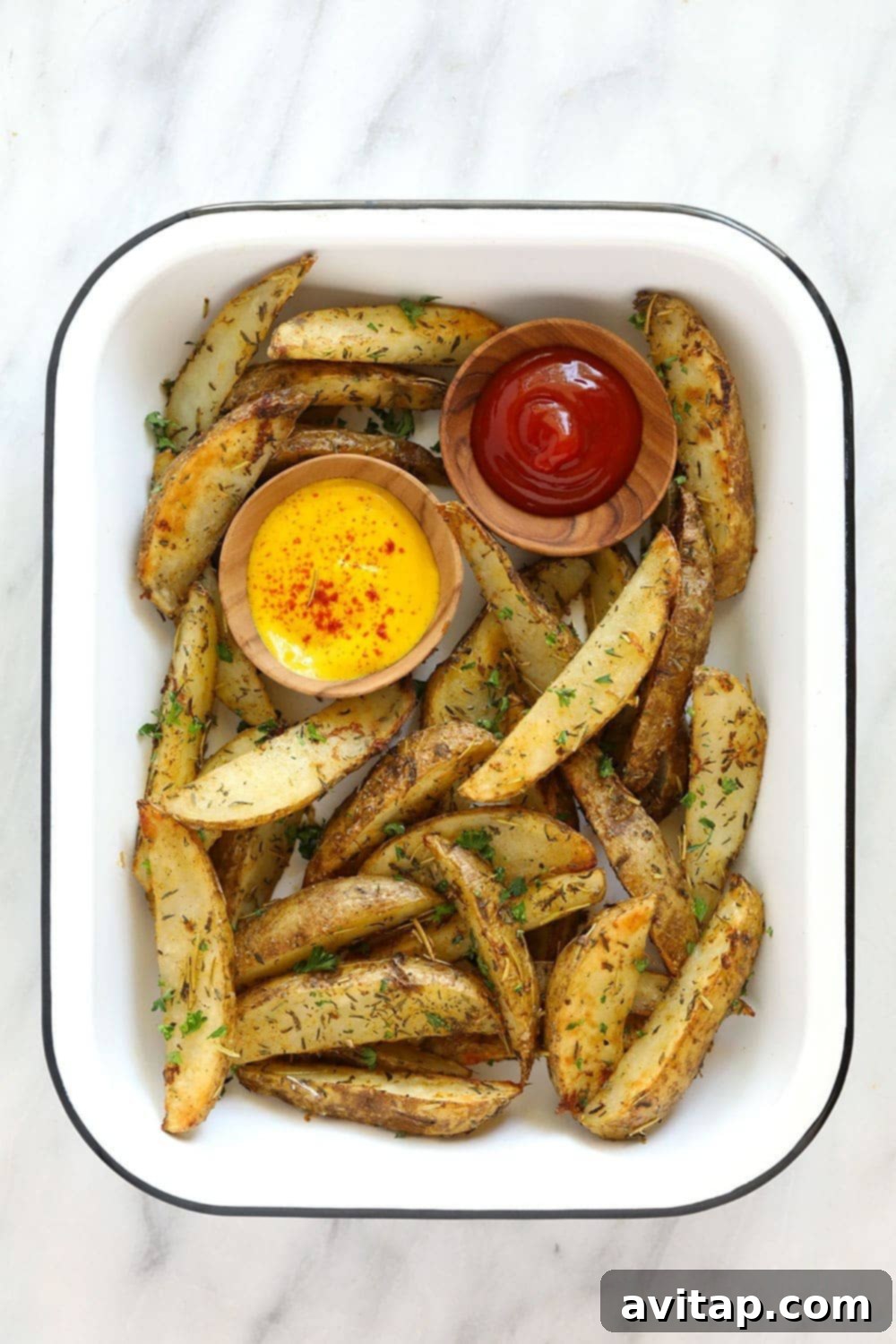 Crispy oven-baked potato wedges served in a platter with ketchup and mustard.
