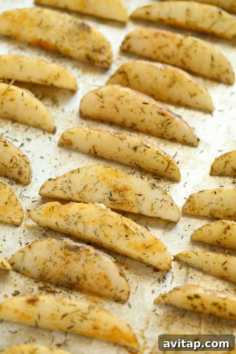 Unbaked potato wedges coated with oil and herbs on a baking pan.
