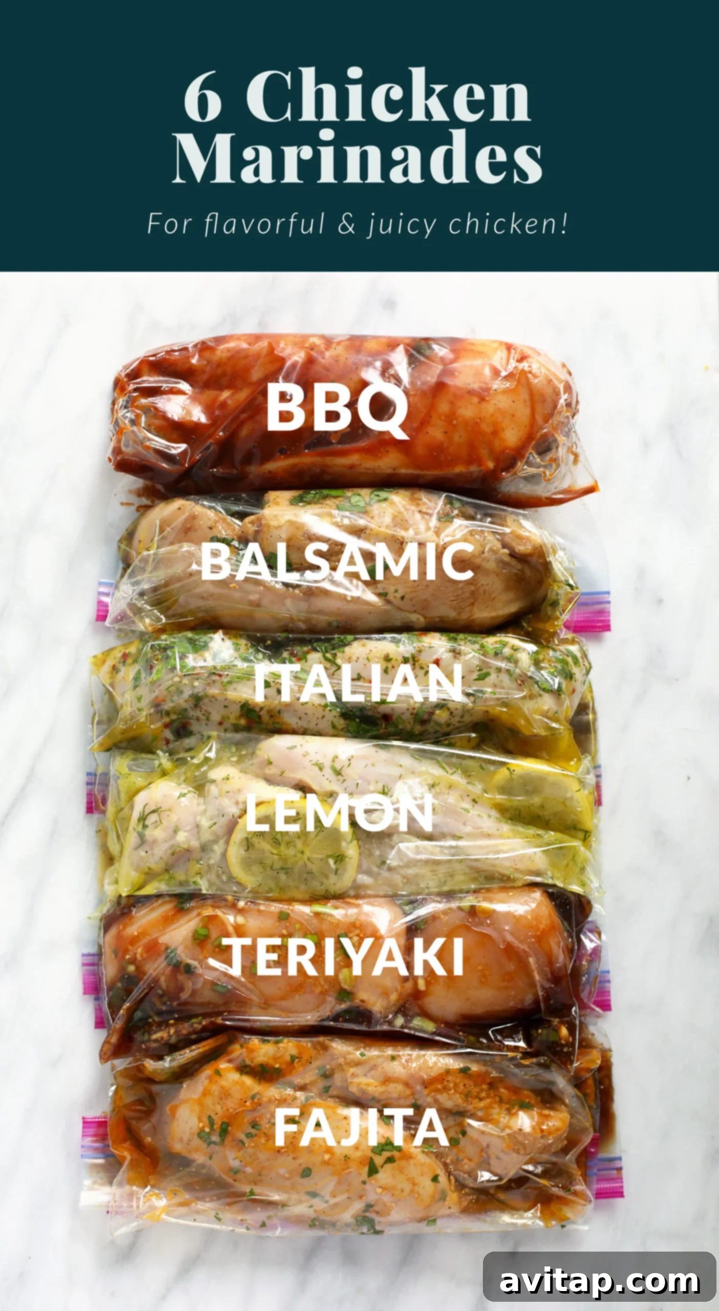 Transform your chicken with these delicious and easy marinades. Six different chicken marinades neatly arranged in plastic bags, showcasing a variety of vibrant flavors.